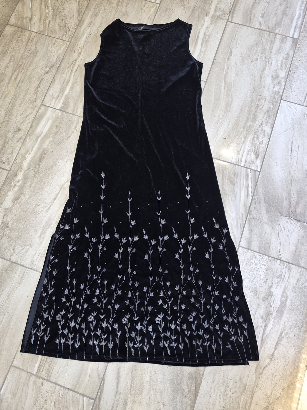 Kathie Lee Collection Black Velvet Sleeveless Maxi Dress with Silver Embroidery